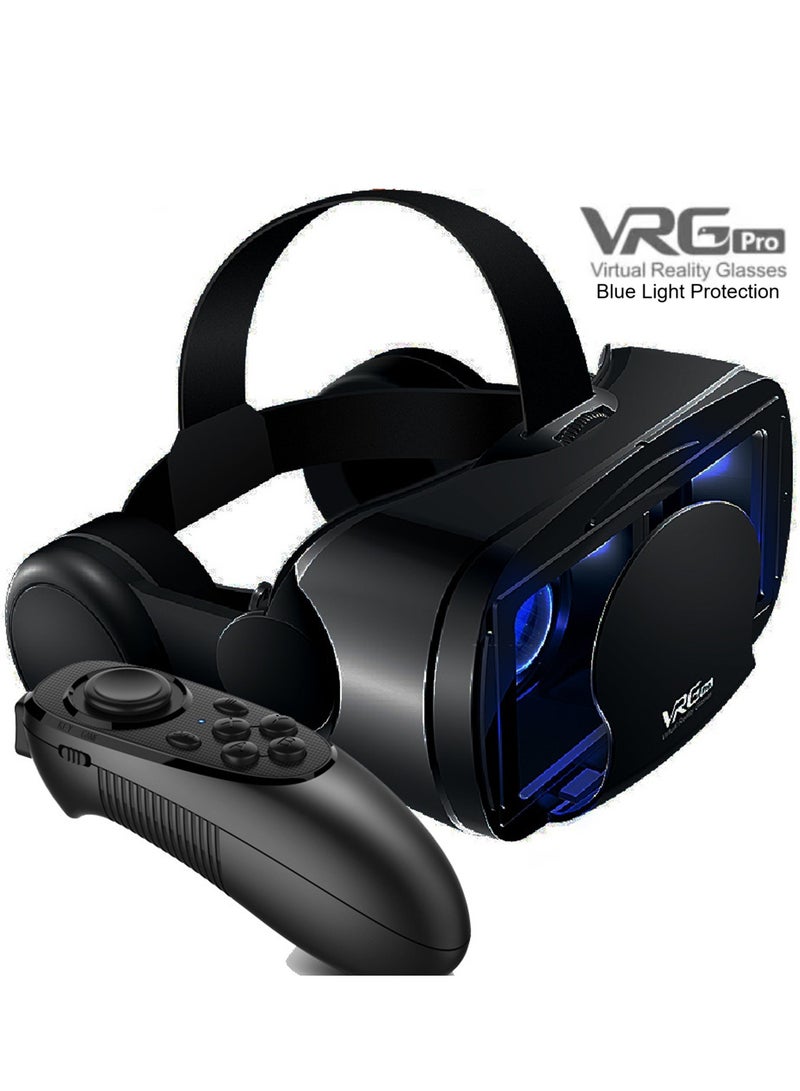 VRG VR Goggles VRG Pro 3D Virtual Reality VR Glasses + Hi-Fi Headphones Version, Blue Light Protection + Controller for TV, Movies & Video Games Compatible with iOS & Android Smartphone Within 5-7inch Screen Phone Eye Protected Soft & Comfortable Adjustable Distance Big Screen/ 3D Effect + Immersion /Full-Screen Vision, Full Screen, No Borders/ Immersive Games - Image 1